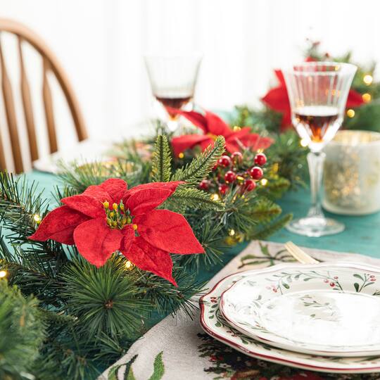 Glitzhome® 9ft. Pre-Lit Greenery Pine Poinsettia and Berries Christmas Garland with LED Lights and Timer